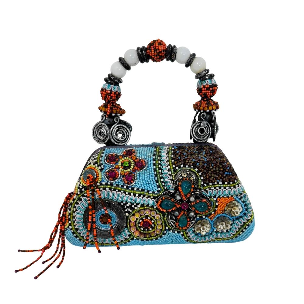 Mary Frances Vintage Beaded Bag Hard Shell Top Handle Clutch Blue Multicolor